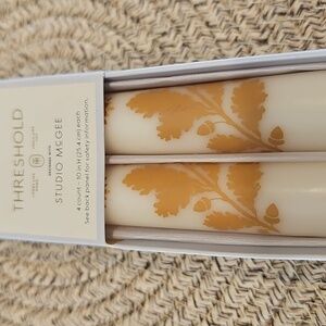 New Threshold Unscented Taper Candles - Cream and Gold Leaf Pattern 4ct.
